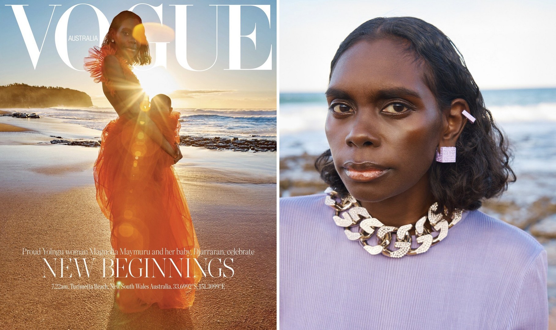 Vogue Australia cover featuring an Indigenous woman in an orange dress with a baby on a beach and a portrait of a woman with jewelry.