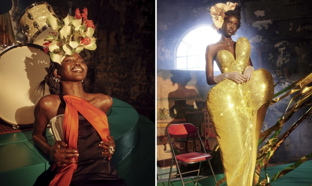 Two images side-by-side: a Black woman in a floral hat with drums and another in a gold dress with a city painting backdrop.