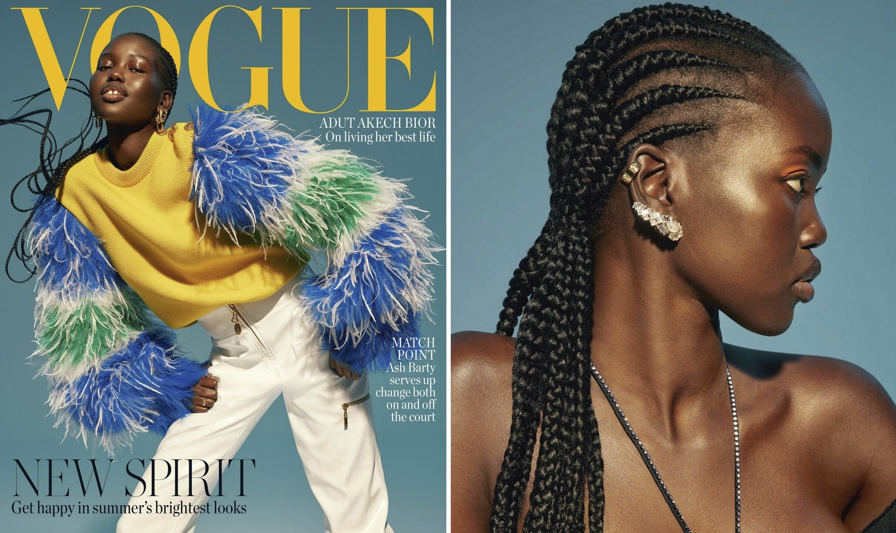 Vogue magazine cover featuring Adut Akech Bior in a colorful feathered jacket and white pants, and a close-up of her profile with braids.