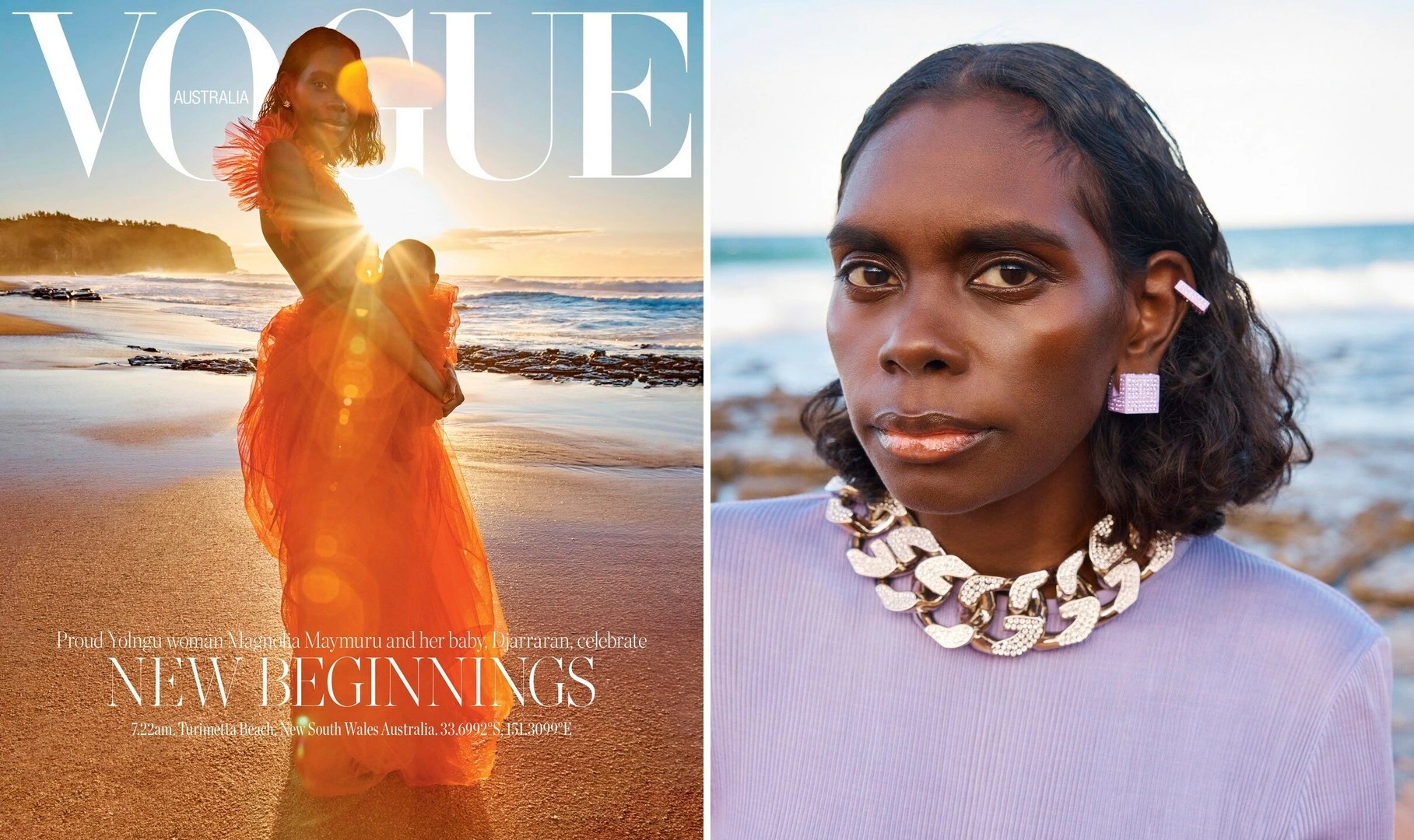 Magazine cover featuring a black woman in a bright orange tulle dress holding a baby on a sandy beach at sunrise