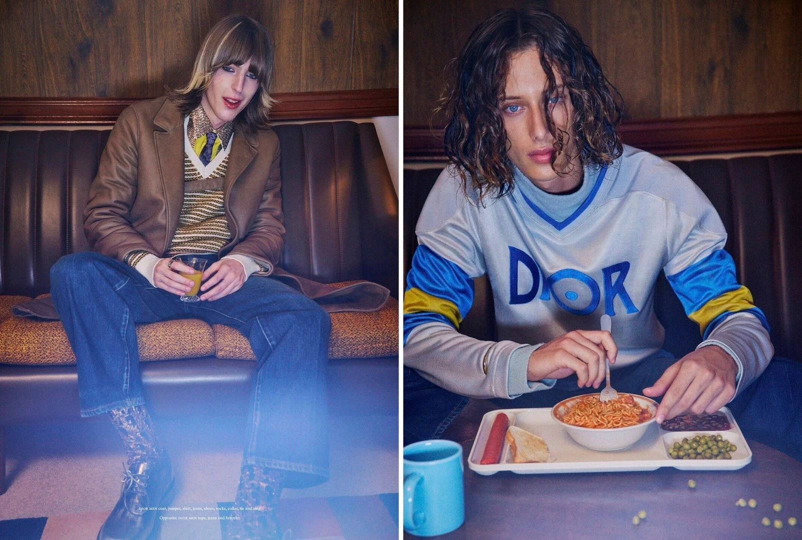 Diptyque portrait of two male models in retro clothing seated on dark leather booth banquettes, photographed by Charles Dennington