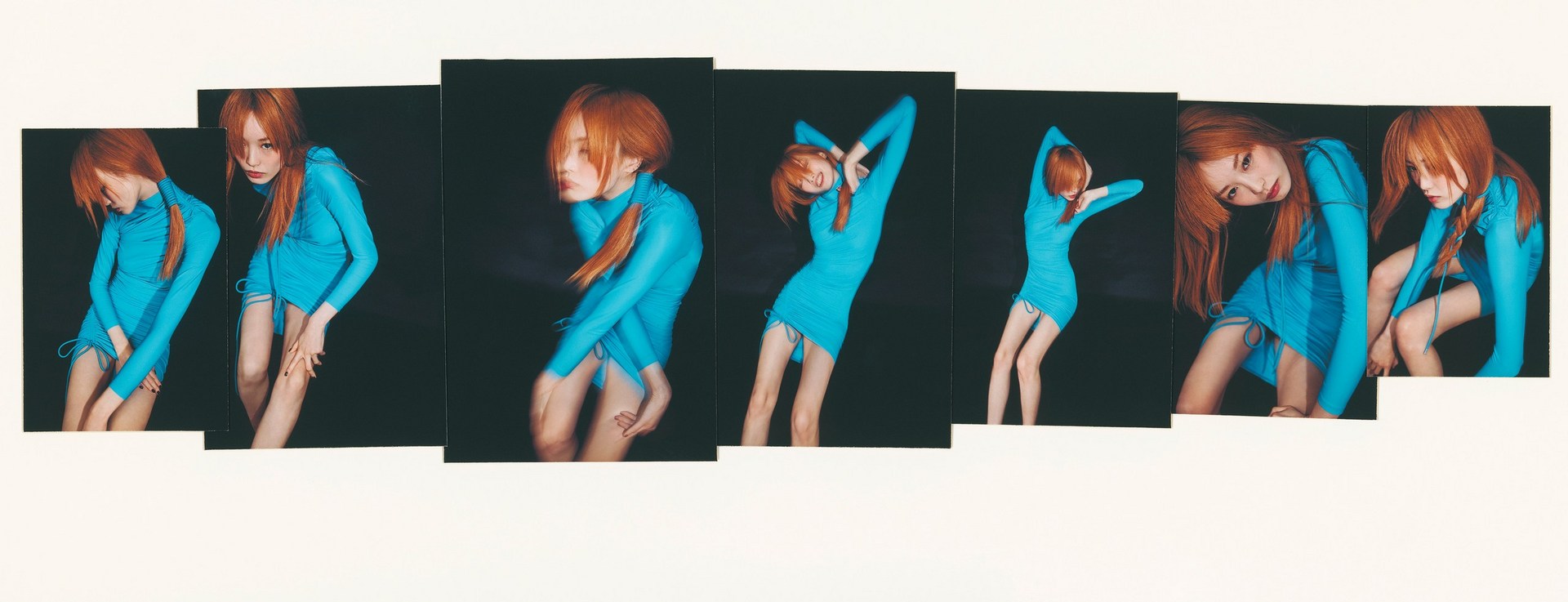 A collage of a young woman with red hair in a turquoise dress posing in front of a dark background. Fashion and studio photography.