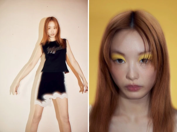 Diptych of a woman with red hair and yellow eye makeup wearing a black sleeveless top and patterned skirt against a light background.