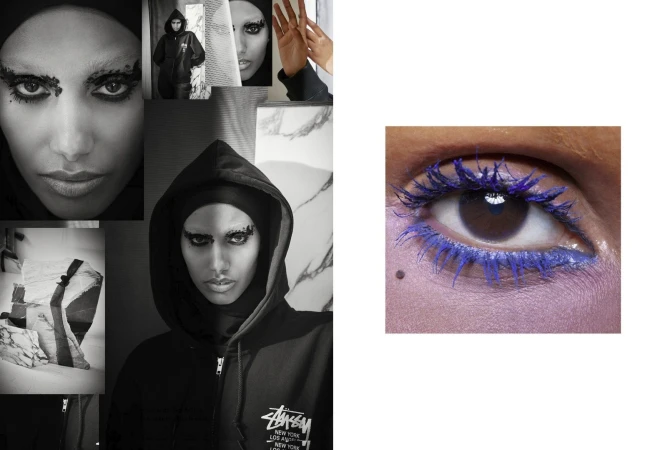 Collage of fashion portraits featuring a model in a dark hoodie and detailed eye makeup styled by Christine Centenera