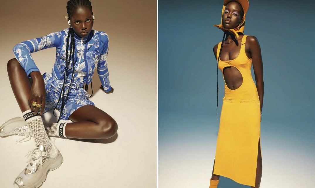 Two dark-skinned women models pose in a split-screen fashion shot, one in blue patterned outfit, one in yellow dress against colored backgrounds.