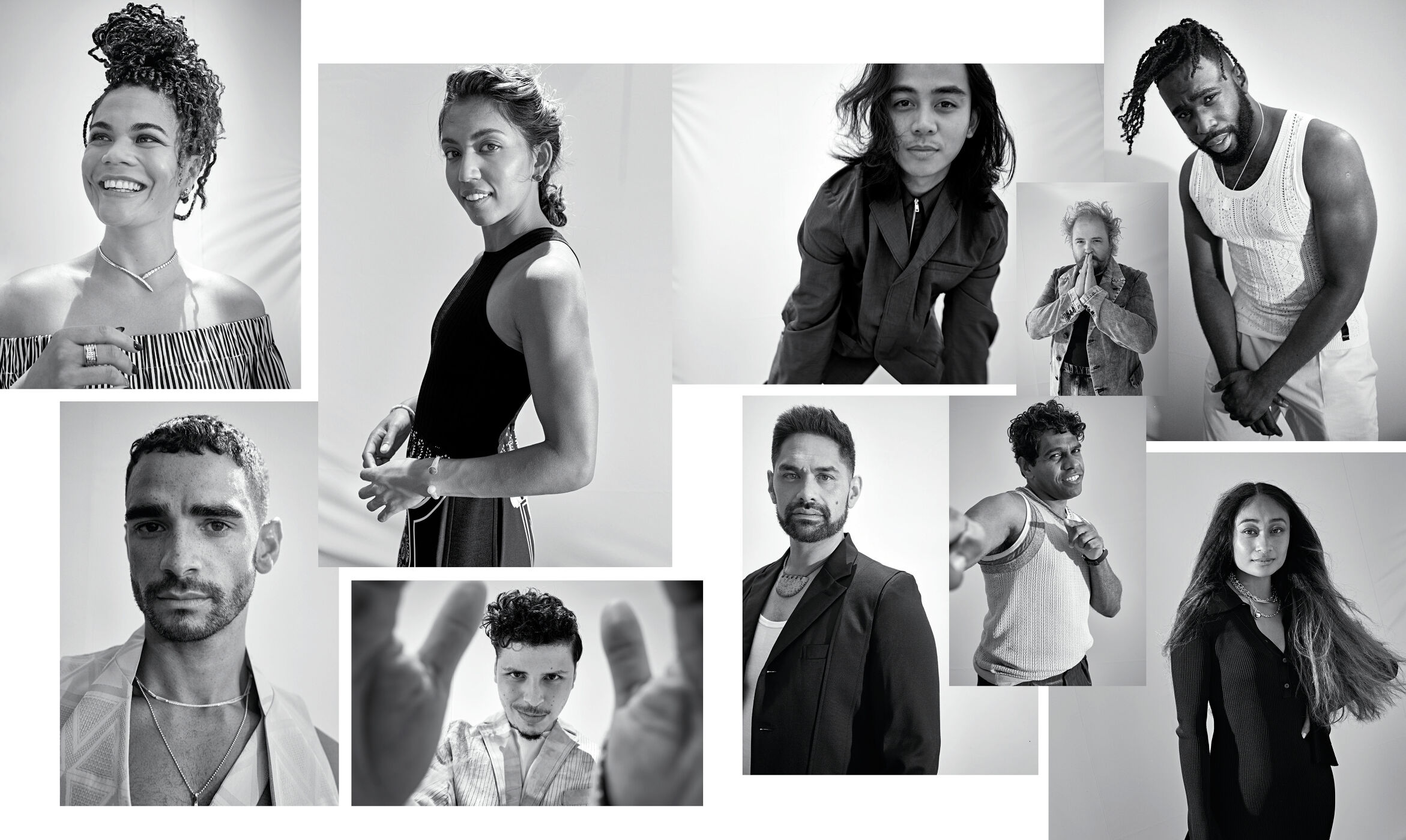Black and white collage of portraits featuring diverse models and individuals styled by Christine Centenera in Sydney.