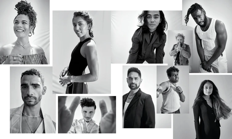 Black and white collage of portraits featuring diverse models and individuals styled by Christine Centenera in Sydney.
