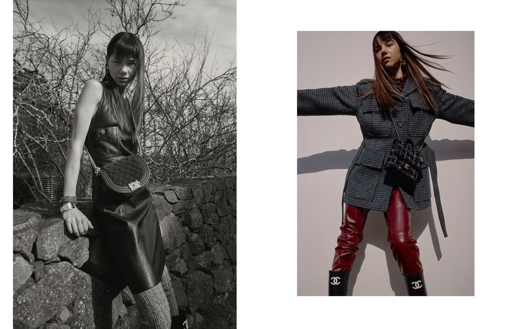 Two fashion portraits of an adult woman wearing designer clothing and accessories, one shot in black and white outdoors, the other in color indoors.