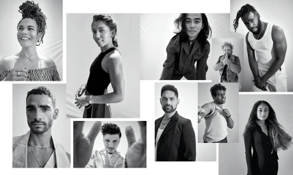 Black and white collage of portraits featuring diverse models and individuals styled by Christine Centenera in Sydney.