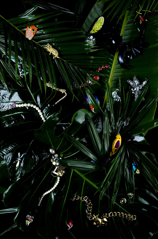 Overhead shot of jewellery and tropical leaves. Gold necklaces, pearl bracelets, brooches, and butterfly are scattered on dark green foliage.