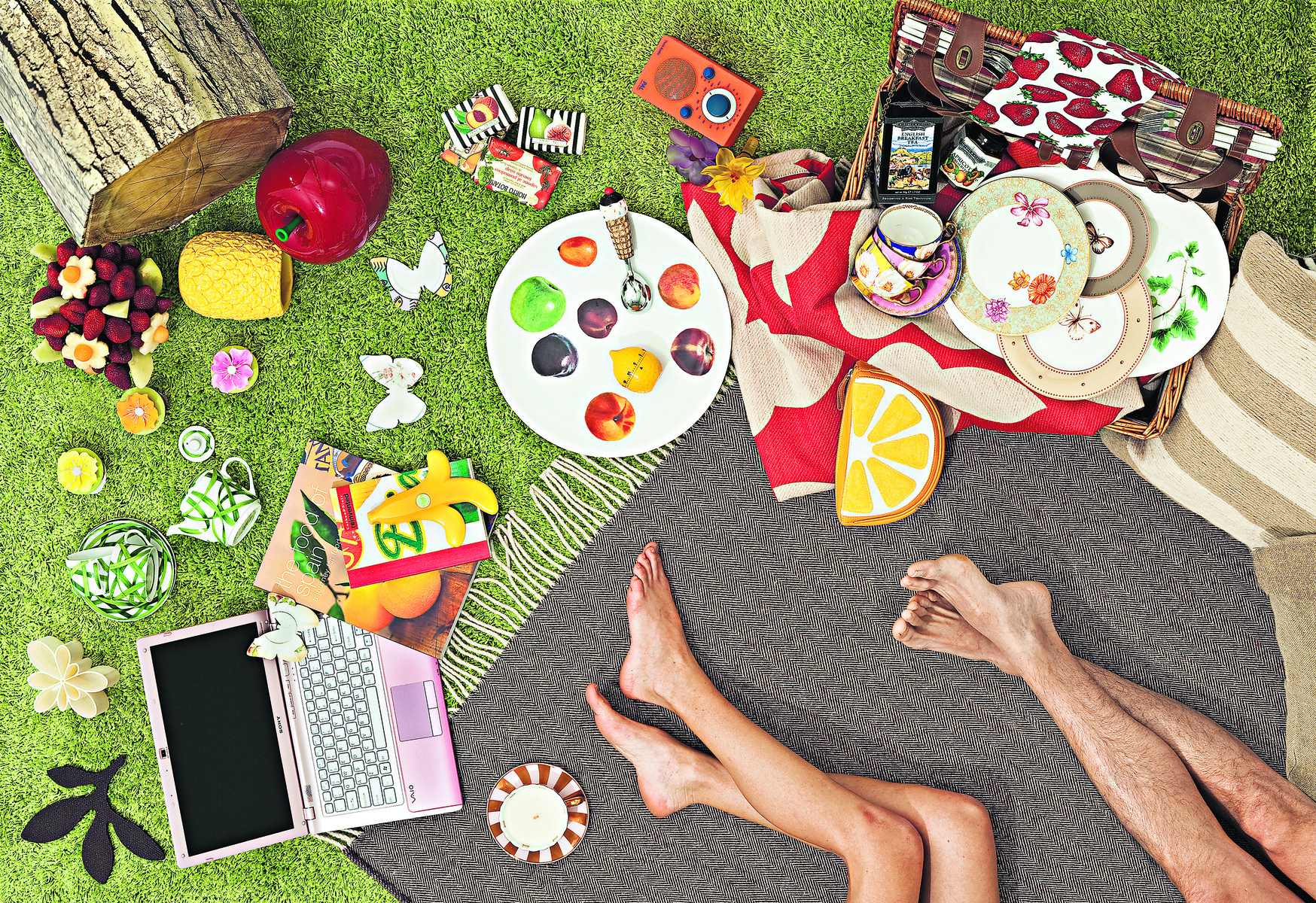 Overhead shot of picnic on green grass, blanket with food and drinks, open laptop, legs of a couple, still life, outdoor setting.