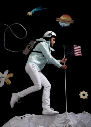 Man wearing a light blue hoodie, white trousers, and helmet holding an American flag against a black background.