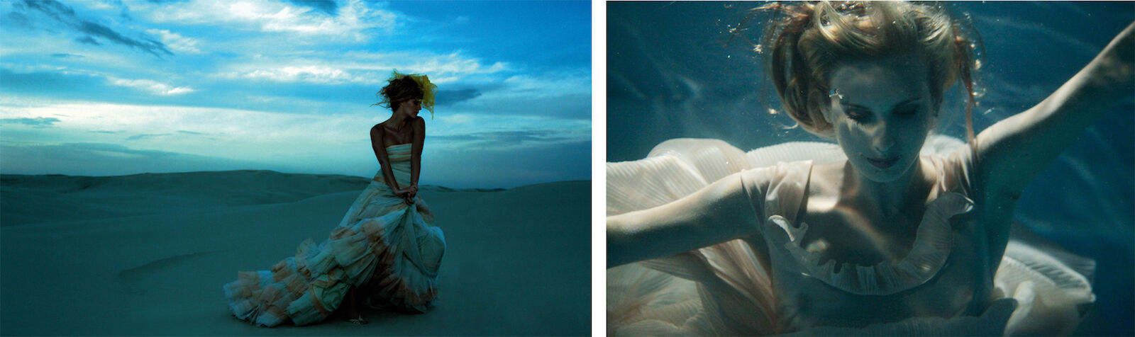 Two-panel fashion shoot featuring a female model in a flowing gown in a desert and underwater setting with a dreamlike, ethereal mood.