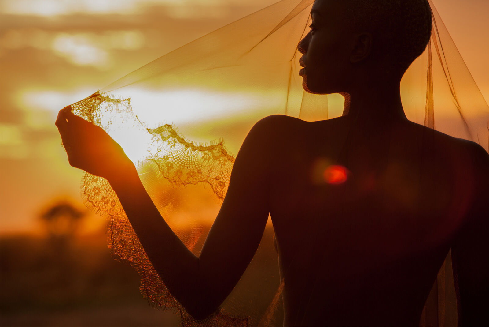 Silhouette of a woman with lace veil against a sunset sky, creating a warm and ethereal aesthetic in a natural environment.