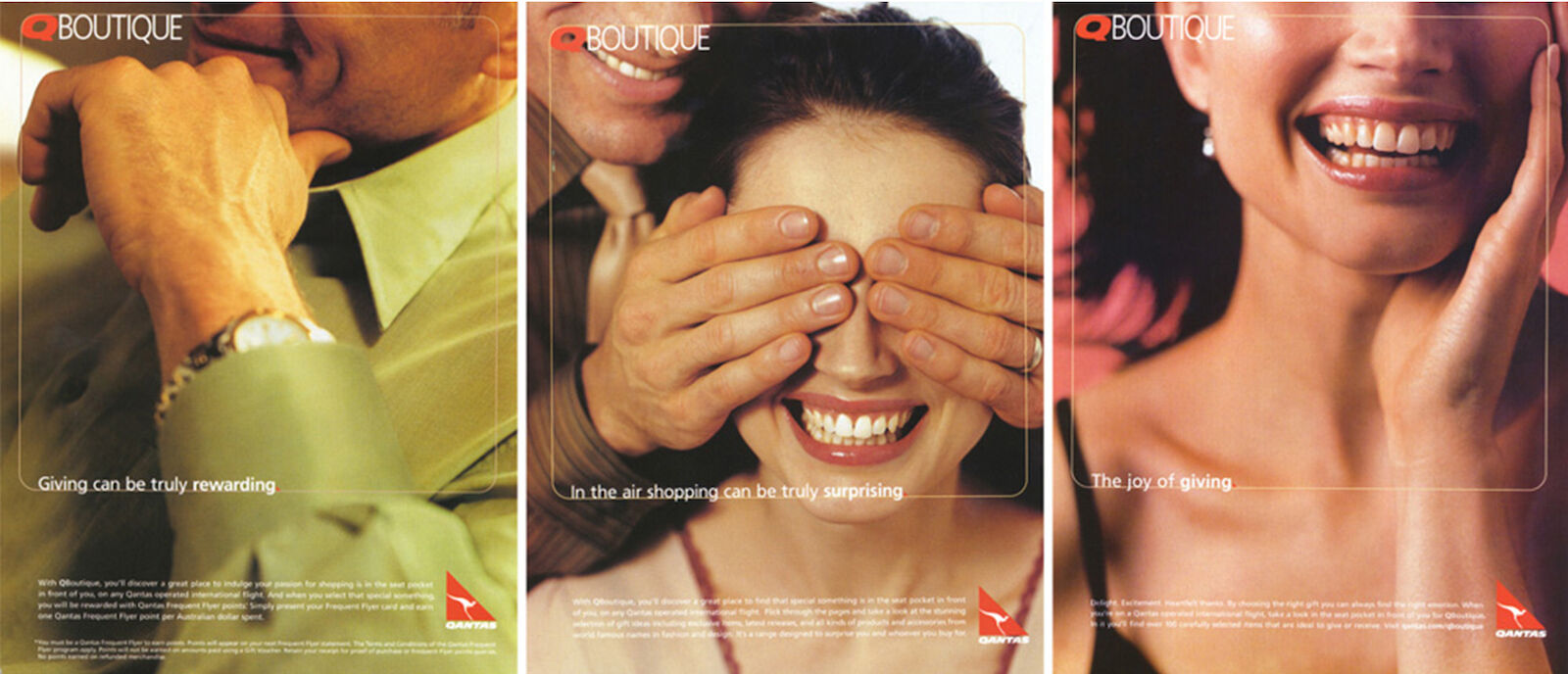Three-panel ad features a man's hand and watch, a couple with hands over a woman's eyes, and a smiling woman against a soft gradient backdrop.