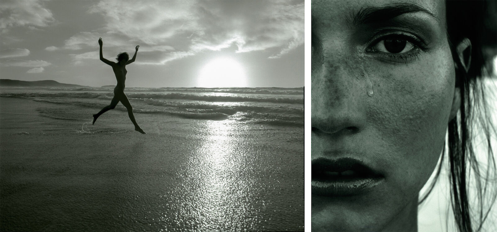 Monochrome image of a woman leaping on the beach at sunrise, paired with a close-up of a crying woman's face, creating a diptych.