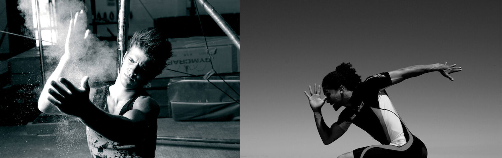 A split-screen black-and-white image featuring a male gymnast covered in chalk dust and a male runner in athletic gear ready to sprint.