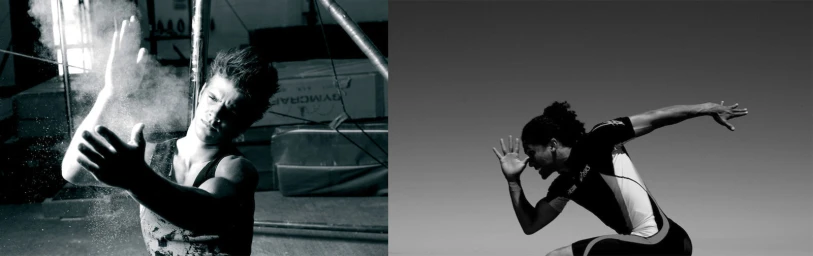 Two black and white athletic portraits by Steven Murray showing a male gymnast clapping chalk and an athlete in motion