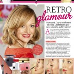 Retro-glamour themed close-up magazine spread featuring a woman with blond hair, makeup products, and beauty application steps.