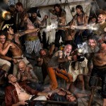 Pirates engaged in a brawl on a ship, wielding pistols and swords in a chaotic scene filled with action and intensity.