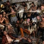 Pirates engaged in a brawl on a ship, wielding pistols and swords in a chaotic scene filled with action and intensity.