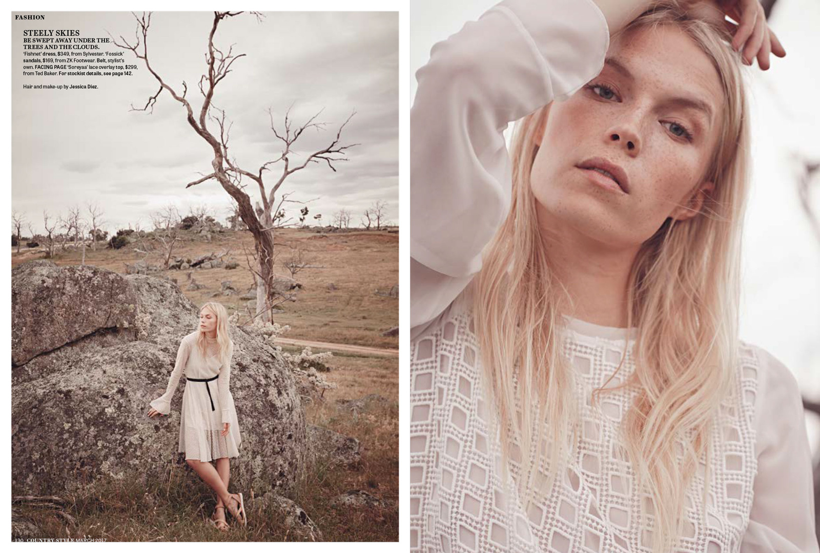 Fashion editorial photo: A blonde woman poses in a dress outdoors near rocks and trees, complemented by a close-up portrait of her upper body.