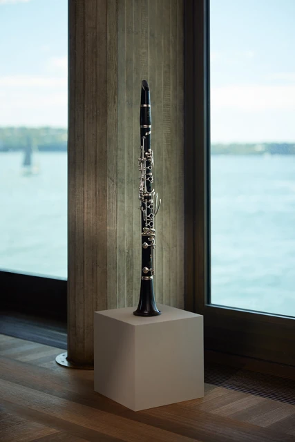 Clarinet stands on a podium in front of a window with a view of a lake and sky. The black clarinet is sleek and modern.