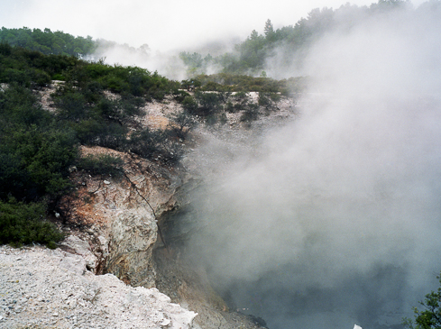 Scenic landscape featuring a geothermal area with steam rising from the ground, surrounded by lush green vegetation and a misty atmosphere.
