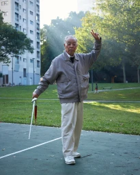 Elderly man holding a sword outdoors in a park holding up a peace sign, photographed by Joel Pratley in Sydney