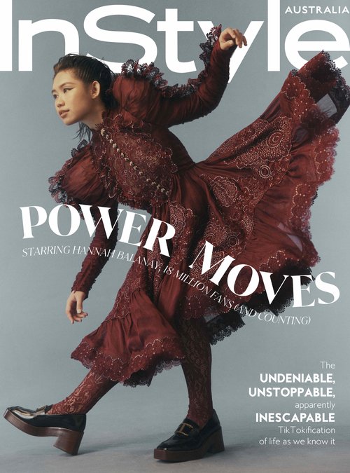 InStyle Australia magazine cover featuring Hannah Balanay in a red dress and matching stockings, striking a dynamic pose against a grey backdrop.