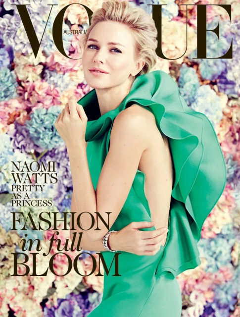 Vogue Australia cover featuring Naomi Watts in a green dress against a floral background. Fashion editorial with celebrity appearance.