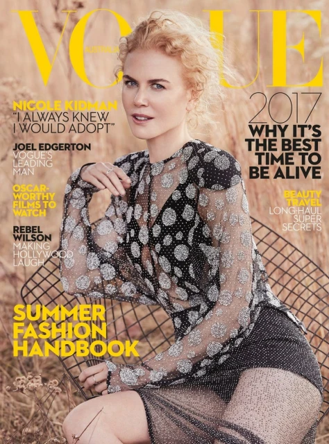 Magazine cover featuring Nicole Kidman in a sheer black dress, seated in a field. Vogue masthead and text overlays.