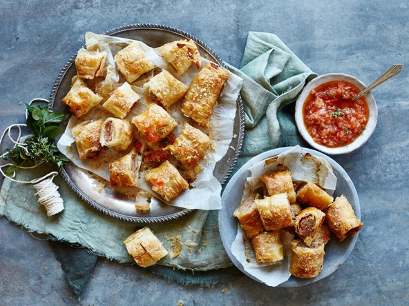 Overhead shot of silver trays and a bowl filled with golden-brown sausage rolls, accompanied by a bowl of relish and a linen cloth.