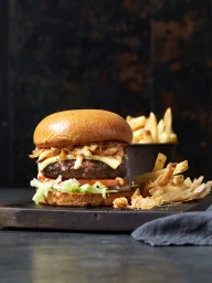 Gourmet burger with melted cheese and french fries on a dark wooden board styled by Jane Collins in Sydney.