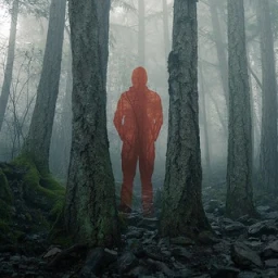 Figure in a red hooded jumpsuit standing among tall trees in a misty, foggy forest