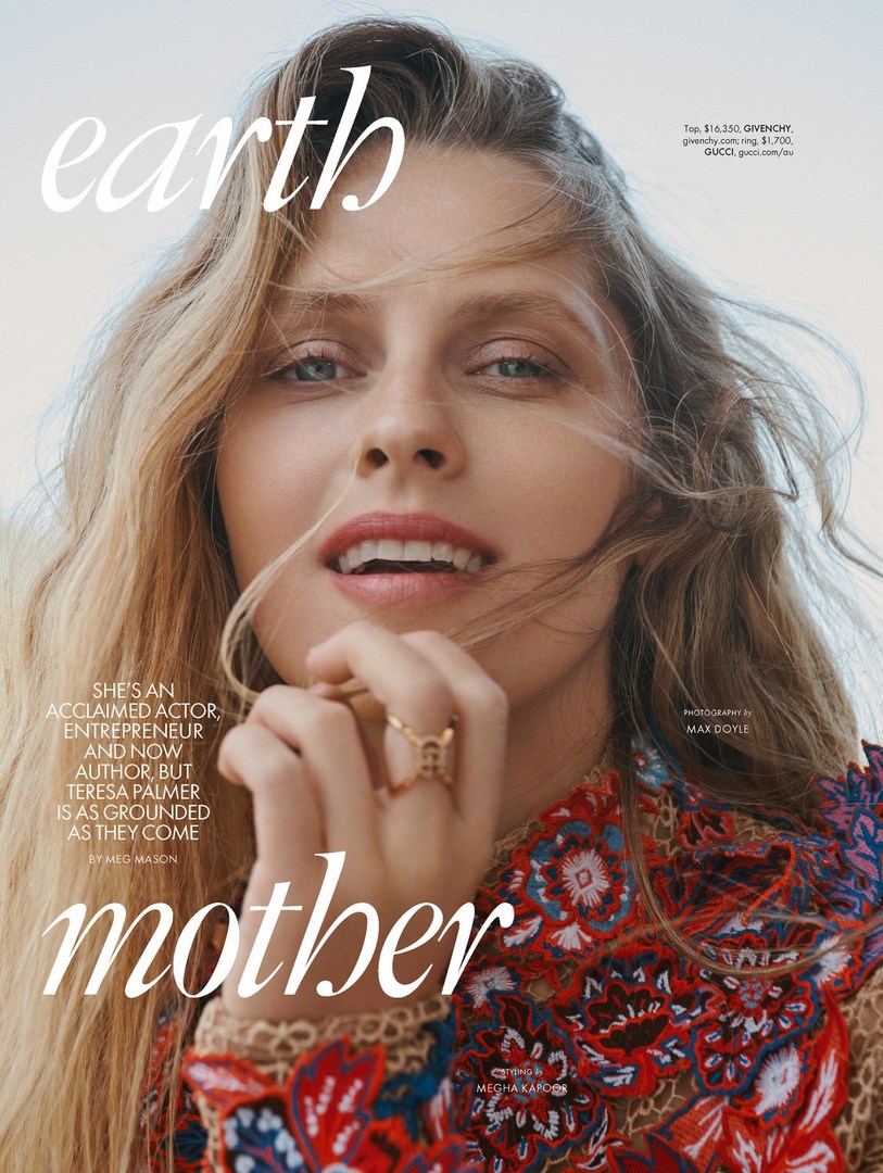 Magazine cover featuring Teresa Palmer. She is centered in a portrait shot, and she wears a red and blue floral print dress.