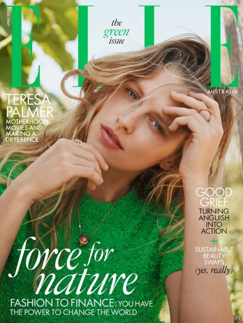 Elle Australia magazine cover featuring actress Teresa Palmer. She is fair-skinned with long blonde hair and is wearing a green sweater.
