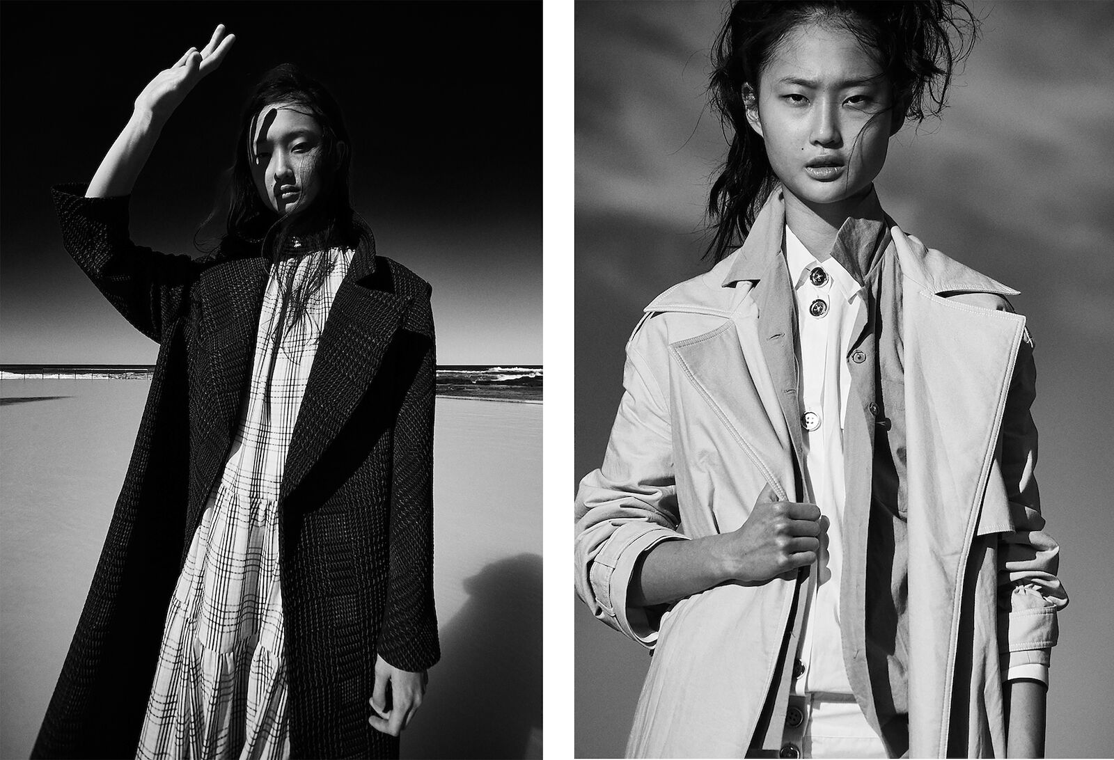 Monochrome split-screen fashion shot of two young Asian women wearing elegant coats, standing on a beach and looking at the camera.
