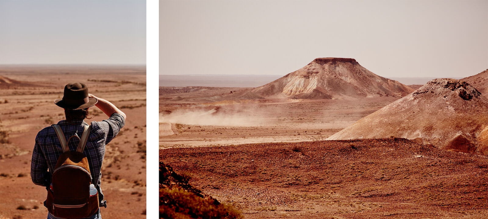Adult male with hat and backpack looking out over red dirt desert landscape with mesas, scrub vegetation, and arid terrain.