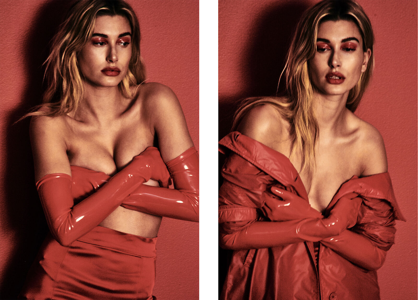 Portrait of adult woman with blond hair in red gloves and top against a red background, beauty shot, fashion, red color palette.