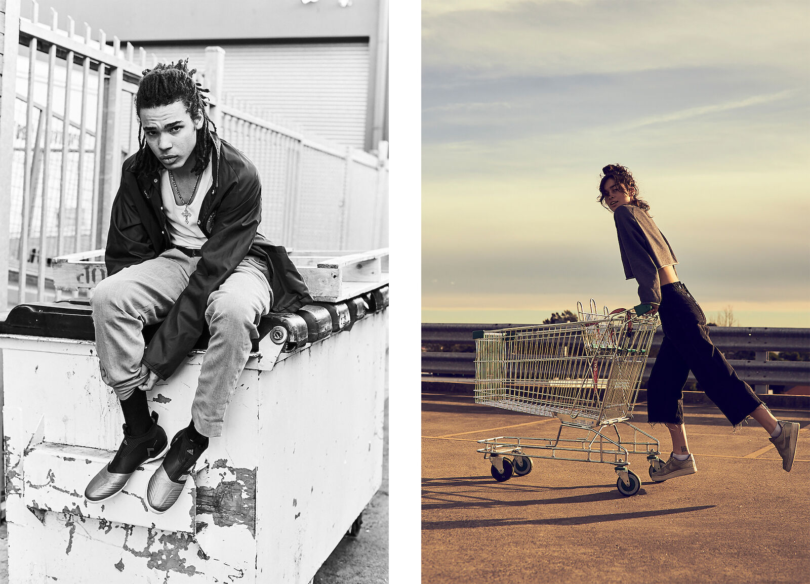 Two-part outdoor fashion shot: a young man on a dumpster and a young woman with a shopping cart on a rooftop parking lot.