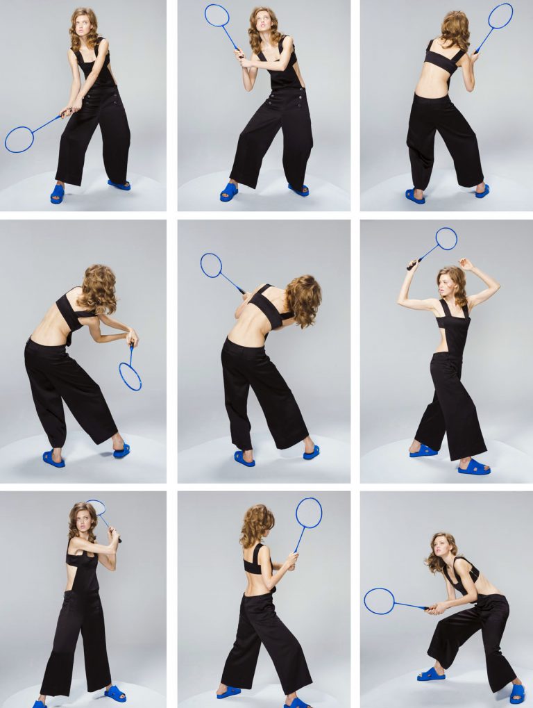 Grid of studio shots featuring a young woman in a black outfit playfully posing with a badminton racket and blue shoes against a grey background.