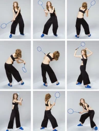 Multi-panel image of a female model in black overalls and blue slides holding a blue badminton racket against a grey backdrop