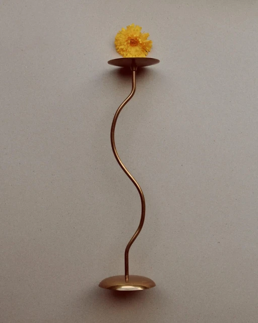 Minimalist studio shot of a single yellow gerbera daisy displayed on a tall, curving copper candlestick against a light gray background.