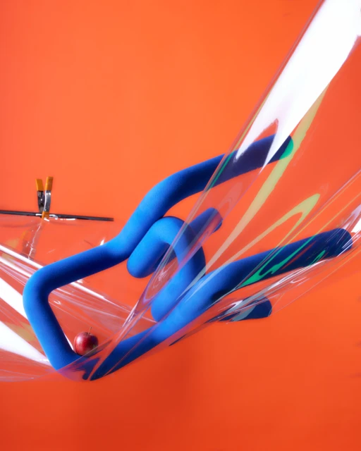 Abstract still life with a blue sculptural form, a red apple, and paintbrushes on an orange background, encased in a clear plastic sheet.
