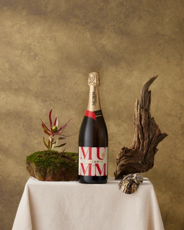A bottle of Mumm champagne on a draped table, presented with moss, an oyster shell, and a piece of driftwood against a bronze background.