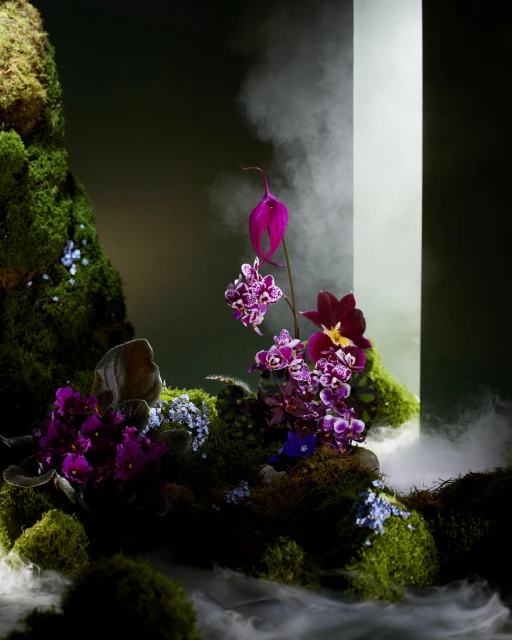 Dramatic floral arrangement featuring orchids, moss, and ethereal vapor against a stark geometric doorway and a dark background.