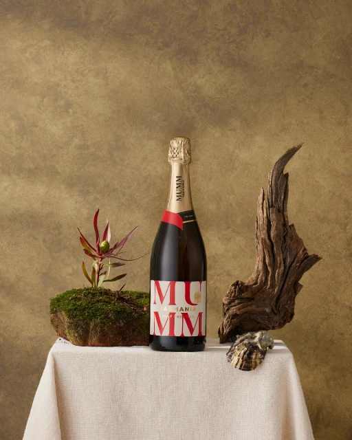 Still life shot of a bottle of Mumm champagne displayed on a table with moss, plant, shell, and wood against a gold background.