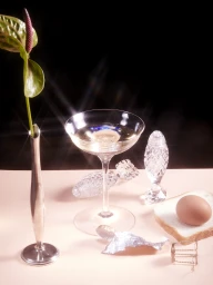 Still life photography featuring a coupe glass, an anthurium flower in a silver vase, a brown egg on white bread, and crystal objects.
