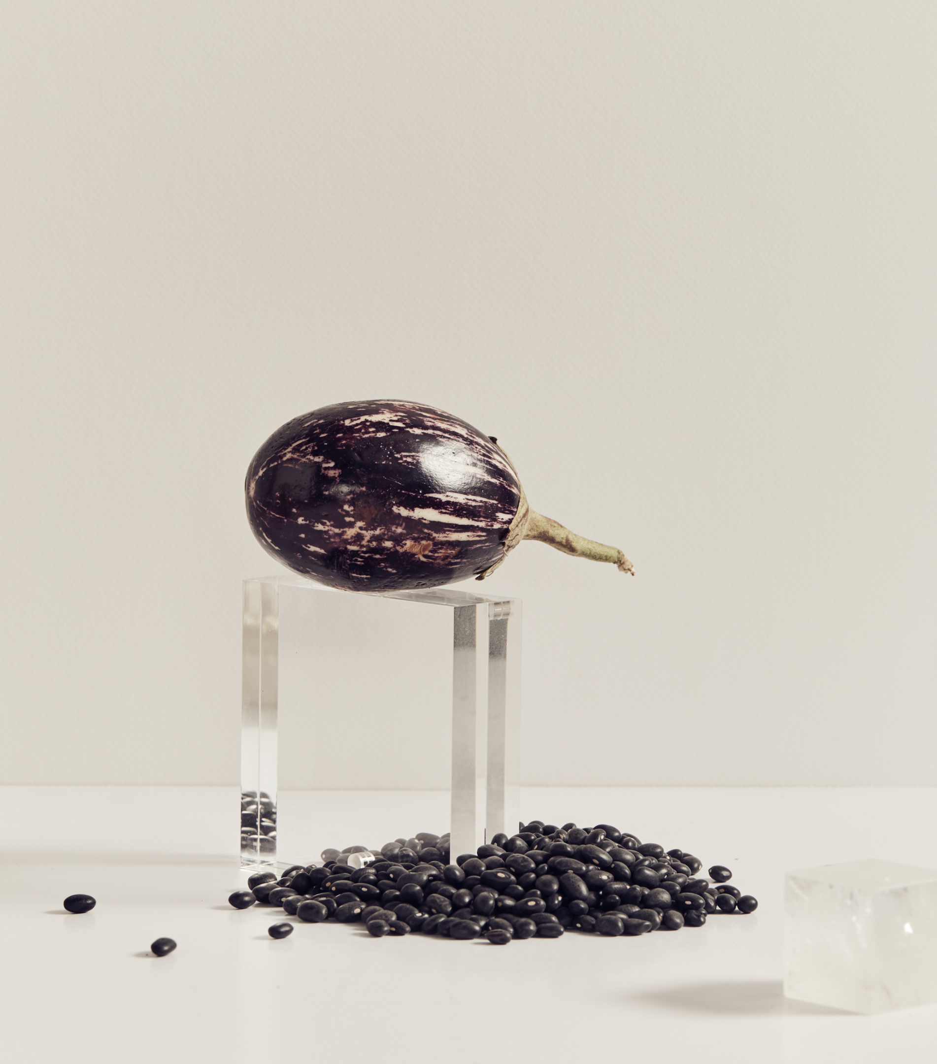 Still life photograph of an eggplant on a clear acrylic stand next to a pile of black beans on a white surface.